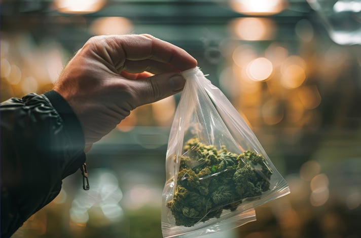 A hand holds up a plastic baggie; there are green buds inside.