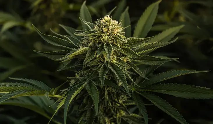 A vibrantly green branch of a cannabis plant with a prominent mature bud.