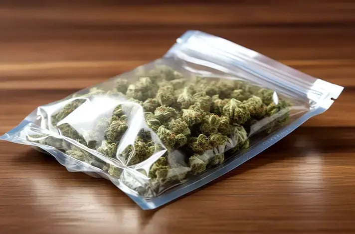 Cannabis buds in a clear mylar bag