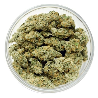The top view of a jar filled with cannabis buds.