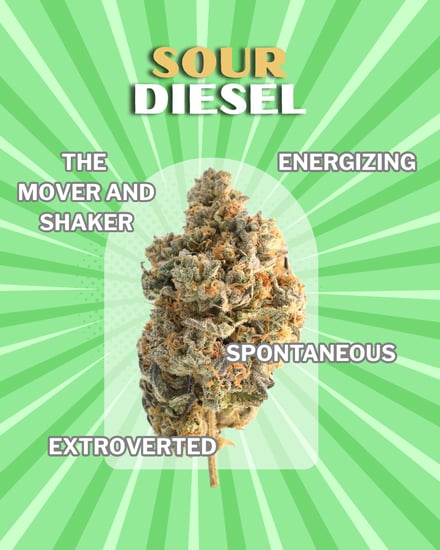 A Sour Diesel bud on a green background with dynamic action lines, like this nug is a hero.