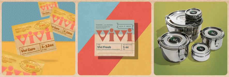 There are three tan frames. From left to right: Vivi Cure packs scattered on a white and blue background; A single Vivi Fresh pack on a background with one stripe each of blue, red, and yellow; the CVault collection on a green background.