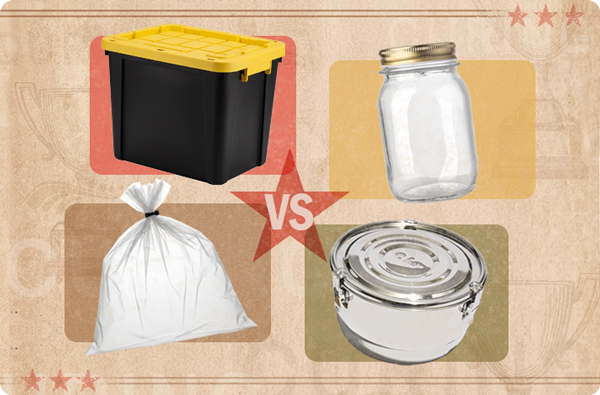 Cannabis curing containers: a plastic bulk bin, a glass jar, a plastic cure bag, and a CVault.