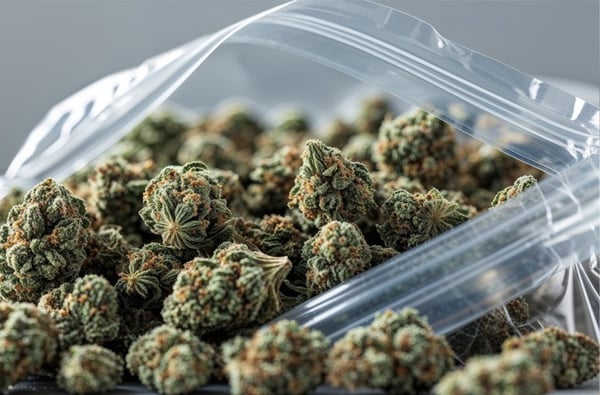 A close up of the opening of a plastic bag filled with cannabis flower